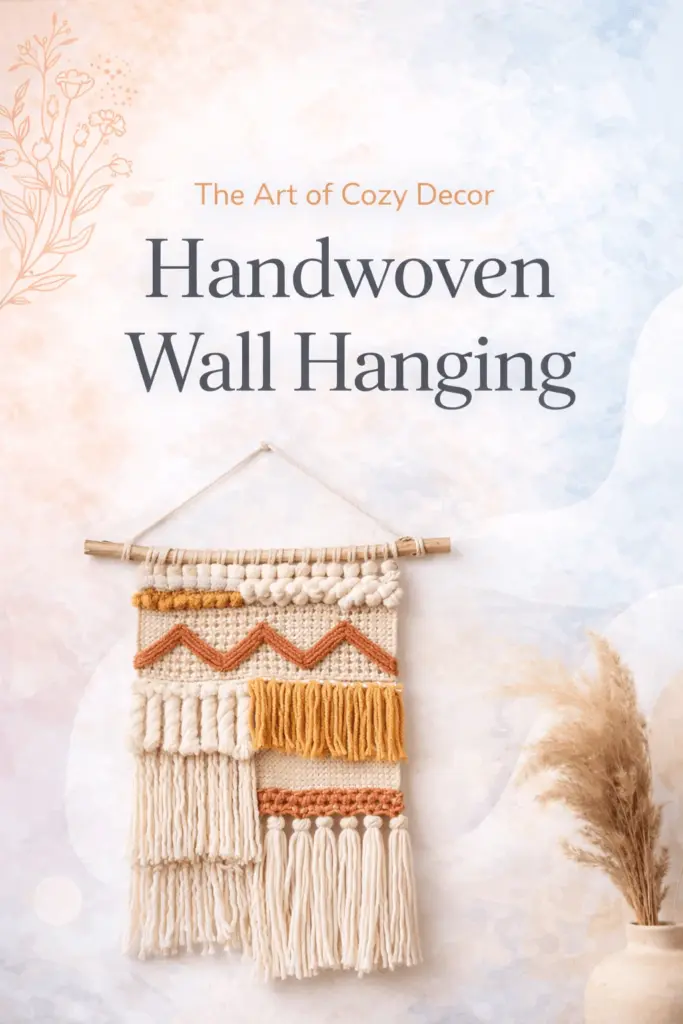 Handwoven wall hanging made with natural fibers in a cozy boho home interior
