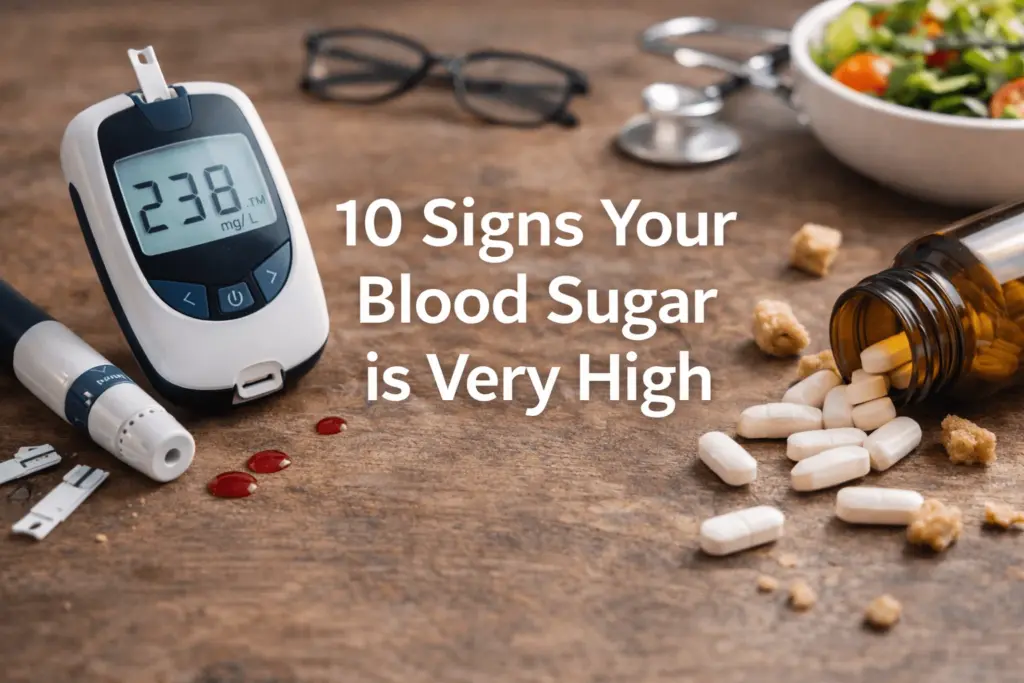 Blood glucose meter on a wooden surface with healthy food items, symbolizing signs of high blood sugar and metabolic health