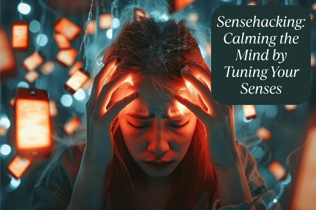 Sensehacking: Calming the Mind by Tuning Your Senses Person meditating in a cozy, calming room with soft lighting and natural elements.