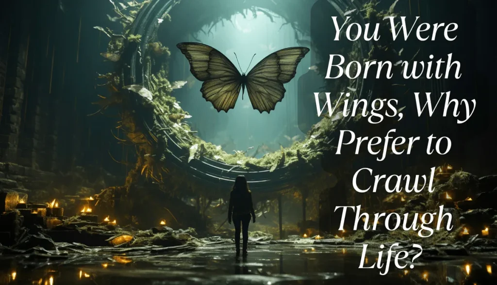 A person standing inside a hollow cave-like space, gazing upward at a glowing butterfly hovering above them, surrounded by soft natural light filtering through the opening.