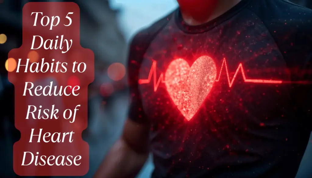 Healthy lifestyle essentials including vegetables, running shoes, and a red heart symbol on a wooden table.