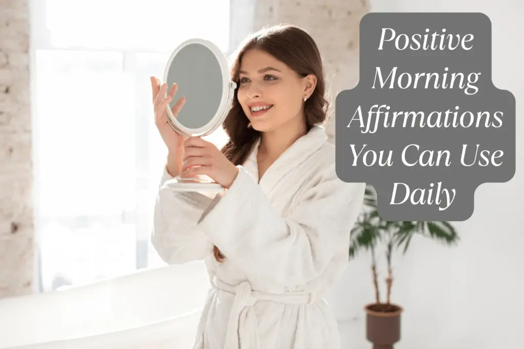 “Woman reciting positive morning affirmations with a calm smile in front of a mirror.” Positive Morning Affirmations You Can Use Daily