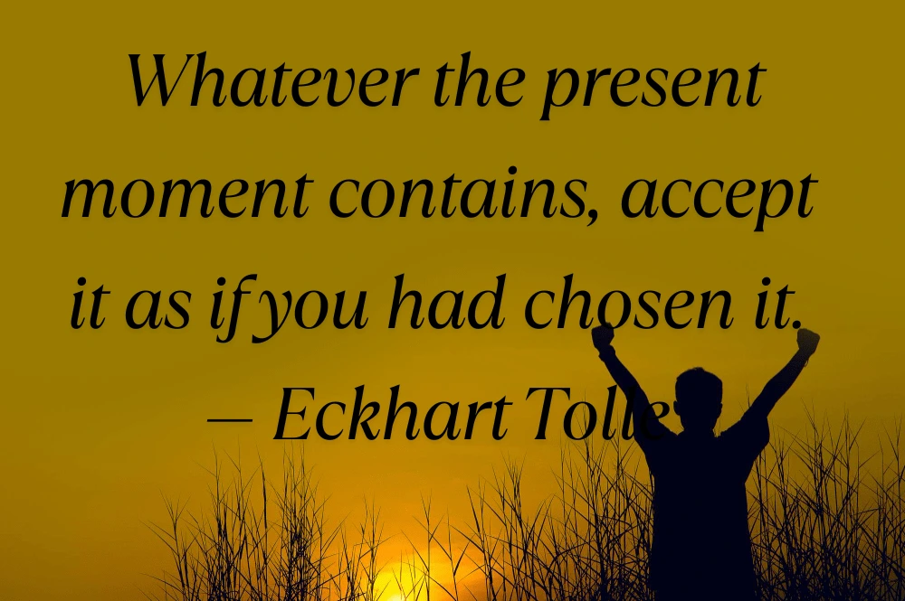 51 Powerful Acceptance and Self-Acceptance Quotes to Embrace Life as It Is Whatever the present moment contains, accept it as if you had chosen it. — Eckhart Tolle text written on a baground a man looking at the sun