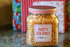 20+ Adorable DIY Gifts in a Jar That’ll Make Your Loved Ones Go Nuts! jar filled with popcorn for Christmas gift