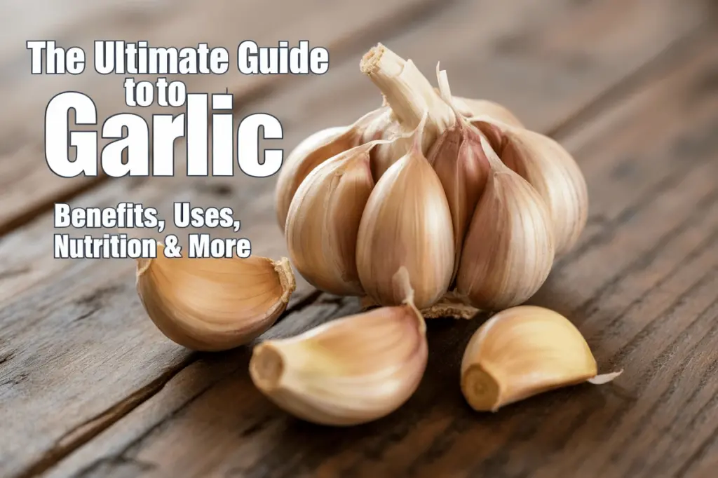 “Fresh garlic bulb with cloves on a wooden table showing natural texture and color.”