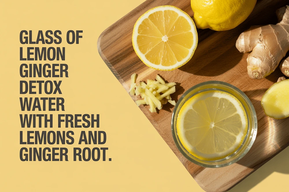 Glass of lemon ginger detox water with fresh lemons and ginger root.