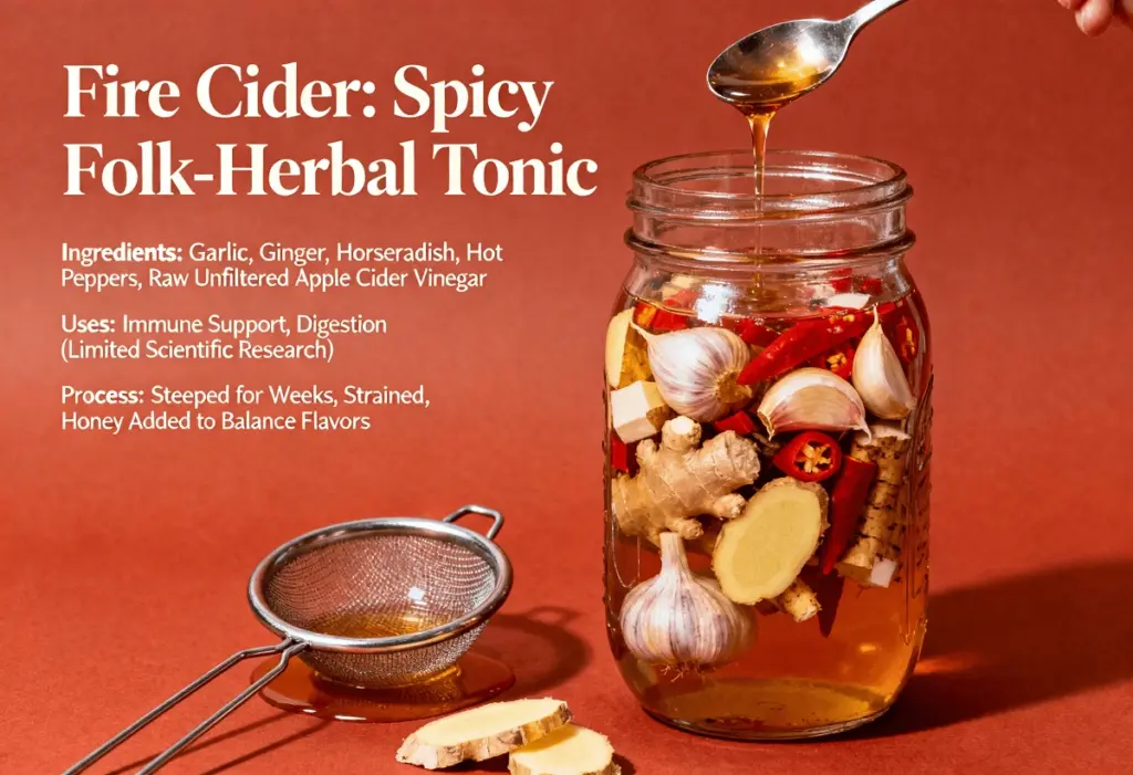 Fire cider is a spicy, folk-herbal tonic made by steeping ingredients like garlic, ginger, horseradish, and hot peppers in raw, unfiltered apple cider vinegar. It is used to support the immune system and digestion, although scientific research on its specific health benefits is limited. The mixture is typically strained after several weeks, and a sweetener like honey is often added to balance the tart and pungent flavors.