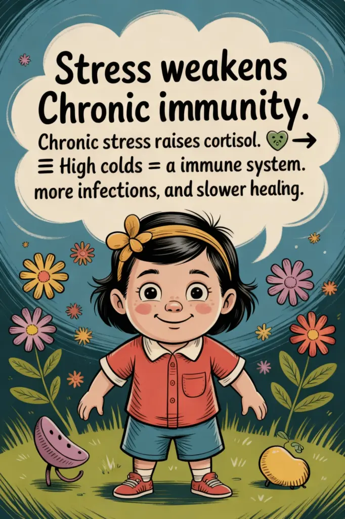 illustration Stress Weakens Immunity Chronic stress raises cortisol. High cortisol = a weakened immune system. More colds, infections, and slower healing."
