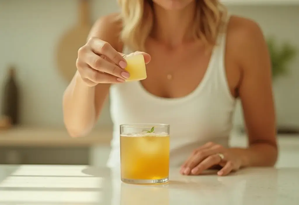 women putting Freeze pre-mixed portions of your ACV tonic cube  for a quick, refreshing detox drink 
