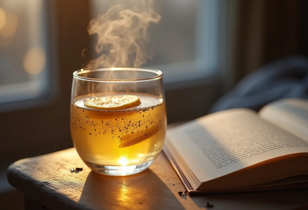 Warm water + lemon + chia seeds on table top with a book