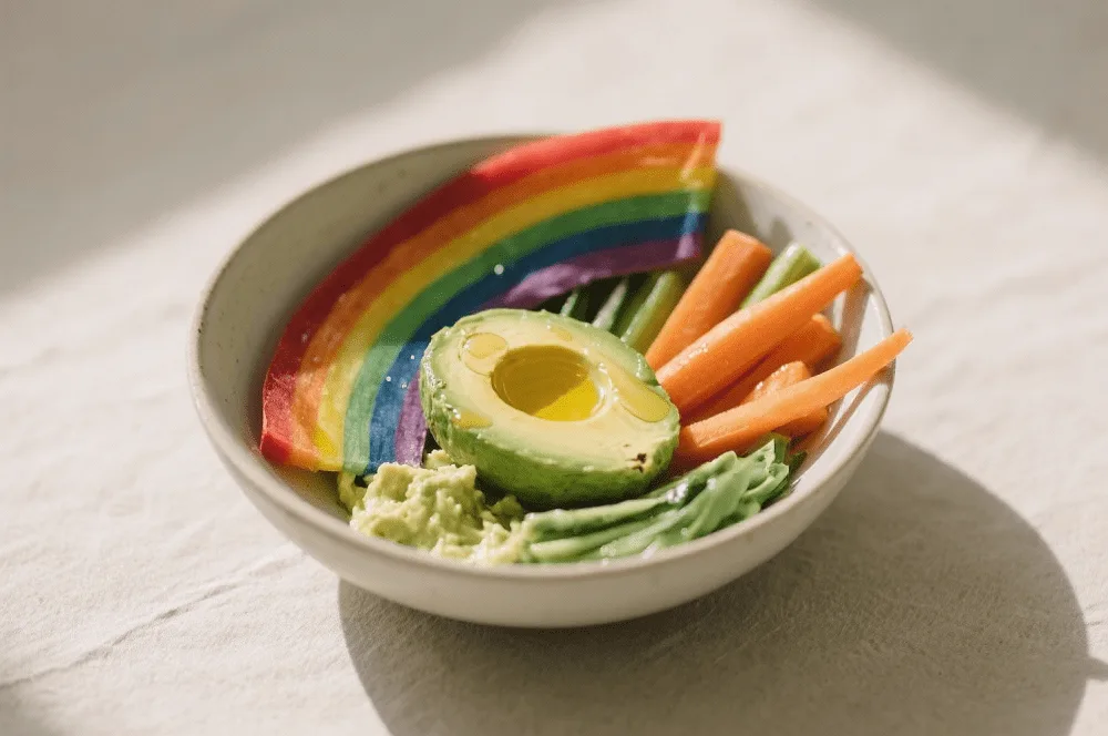 Lunch: Rainbow veggie bowl with avocado & olive oil