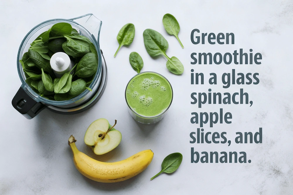 Homemade green detox drink in a glass with fresh ingredients on a table