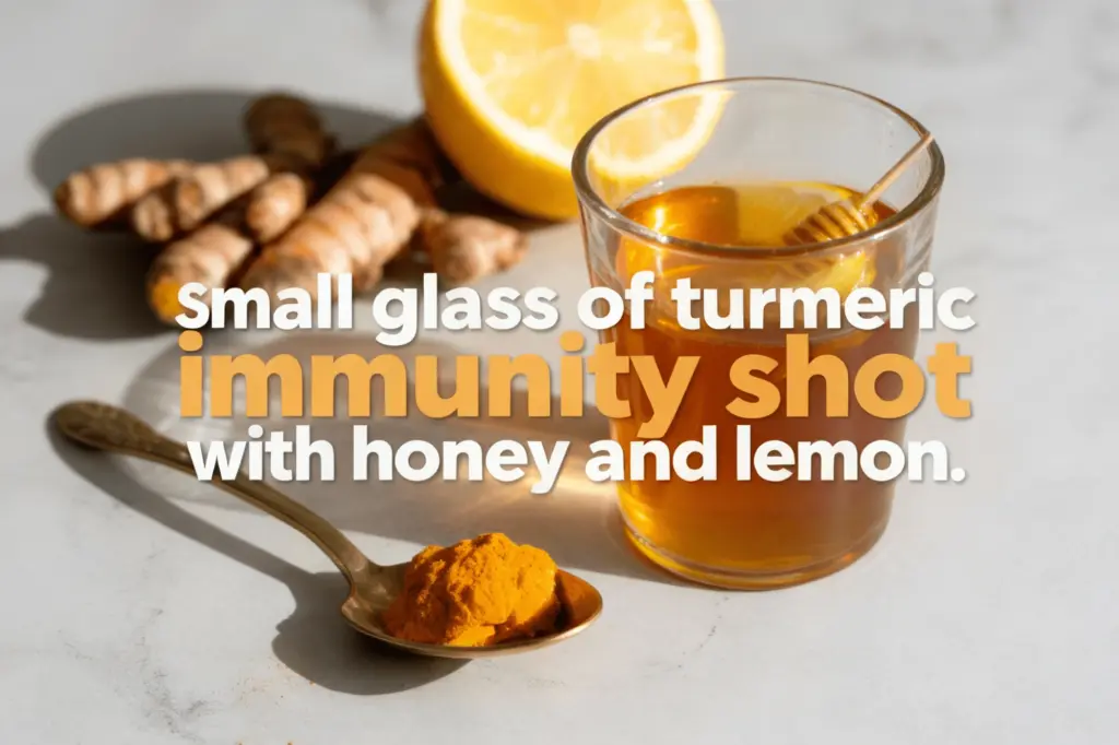Small glass of turmeric immunity shot with honey and lemon beside it.