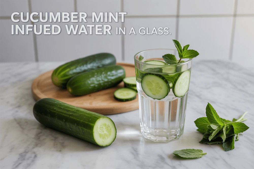 “Cucumber mint infused Refreshing infused water in a clear jar