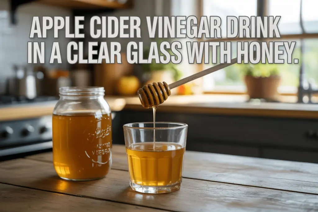 “Apple cider vinegar drink in a clear glass with a bottle of ACV and honey beside it.”
