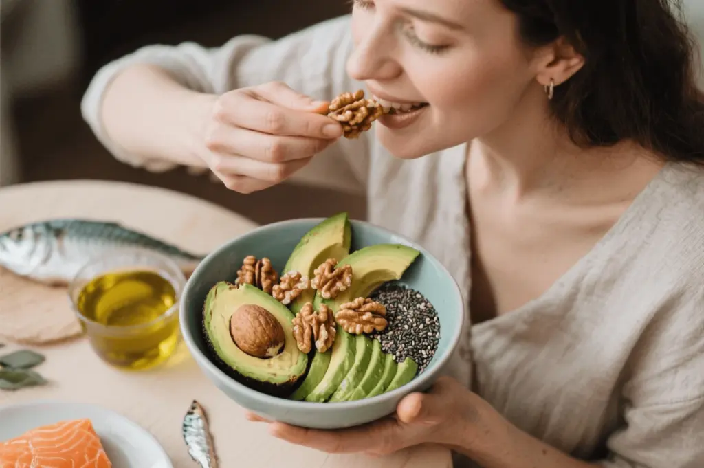 women eating a bowl full of avocados walnuts 
