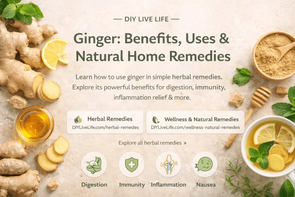 Fresh ginger root on a wooden surface with a cup of ginger tea, soft natural light, minimal background, earthy wellness aesthetic