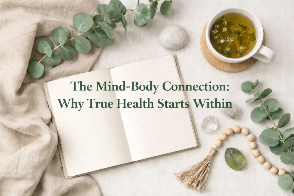 Minimal wellness flat lay with journal, herbal tea, and green leaves symbolizing the mind–body connection and holistic health