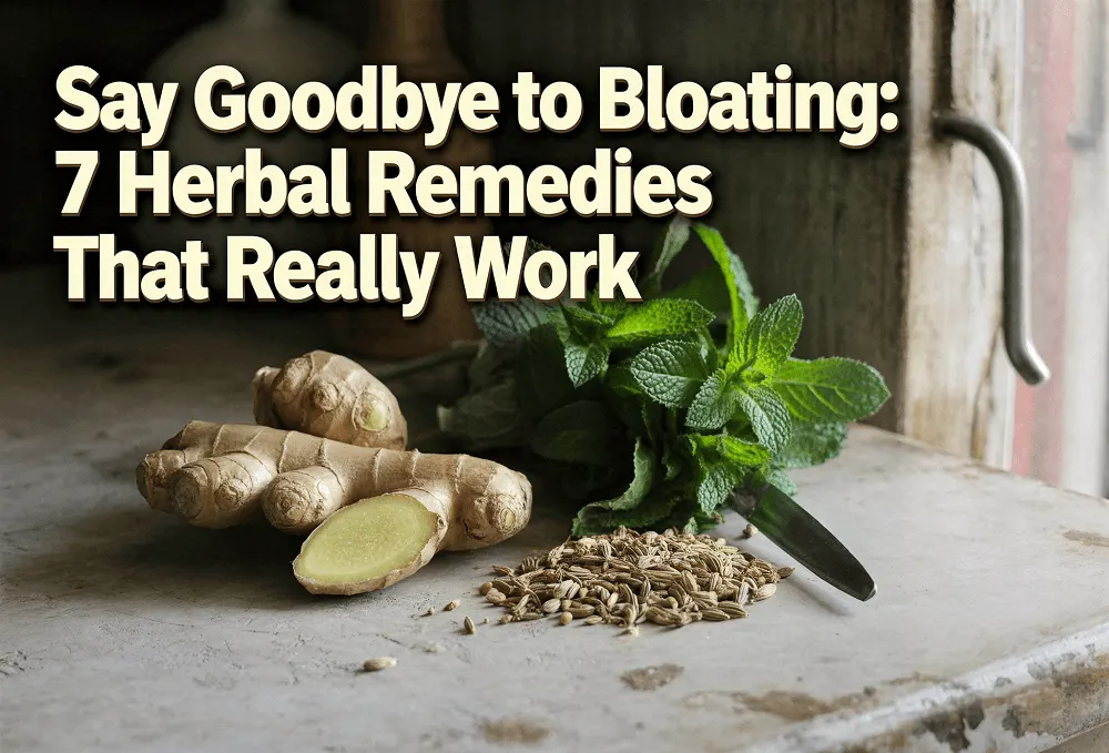 Fresh ginger, fennel seeds, and peppermint leaves on a rustic kitchen counter