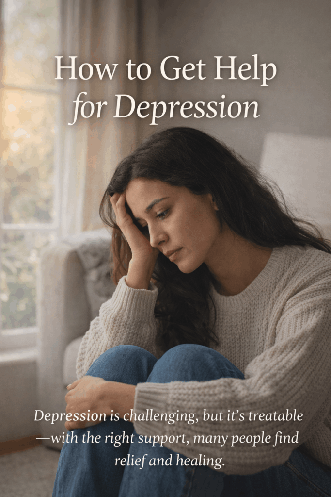Person sitting by a window in soft natural light, reflecting calmly — symbolizing support and hope for depression healing