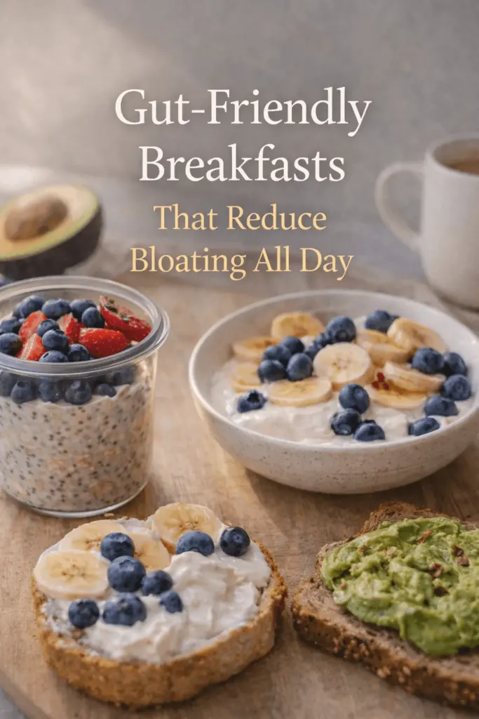 Gut-friendly breakfast bowls with oats, yogurt, berries, and avocado toast arranged on a wooden table to reduce bloating