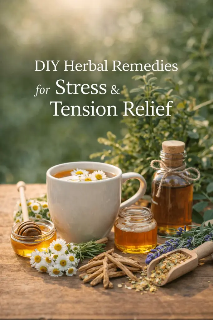 DIY herbal remedies for stress and tension relief featuring chamomile tea, lavender, ashwagandha roots, honey jars, and calming natural herbs arranged on a wooden surface in soft natural light.