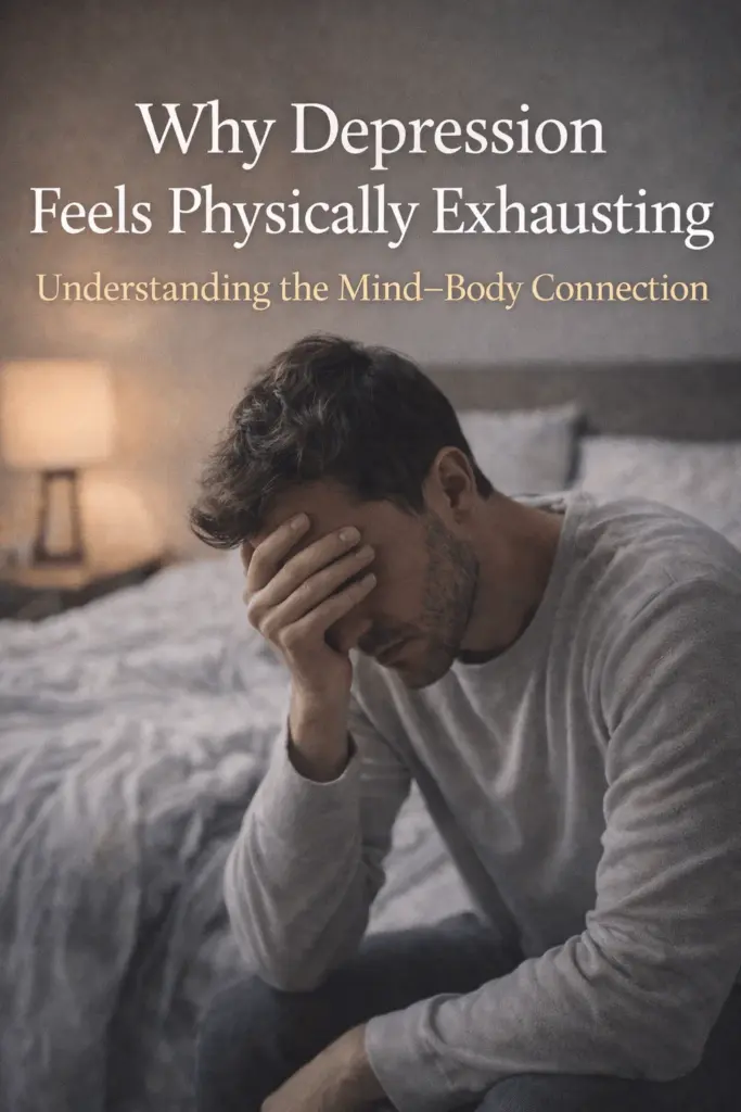 Person sitting on a bed with head in hand, showing physical exhaustion linked to depression