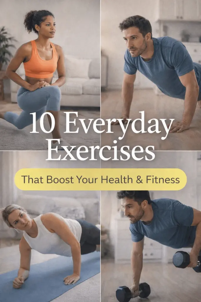 People doing lunges, push-ups, planks, and dumbbell rows at home, representing everyday exercises for health and fitness