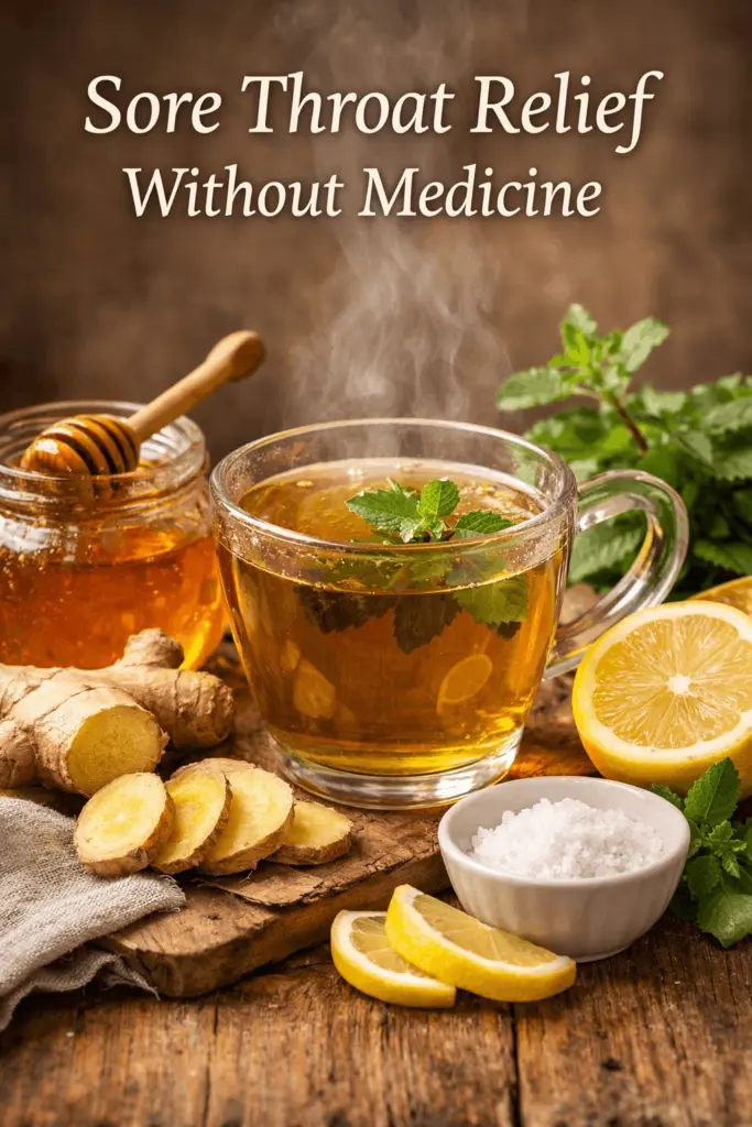 Home remedies for sore throat using honey, ginger, lemon, and herbal tea without medicine