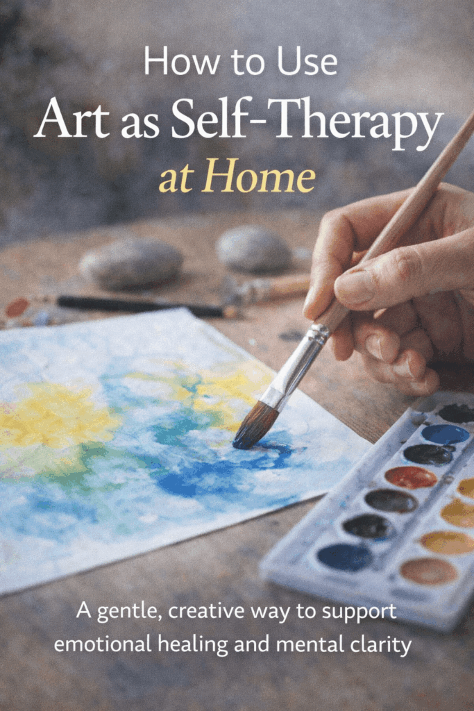 Person painting abstract art at home using watercolors, showing art as self-therapy for emotional healing and mental clarity