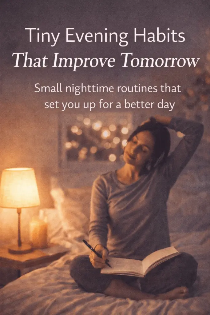 Person relaxing in a softly lit room during the evening, journaling and stretching as part of a calming nighttime routine