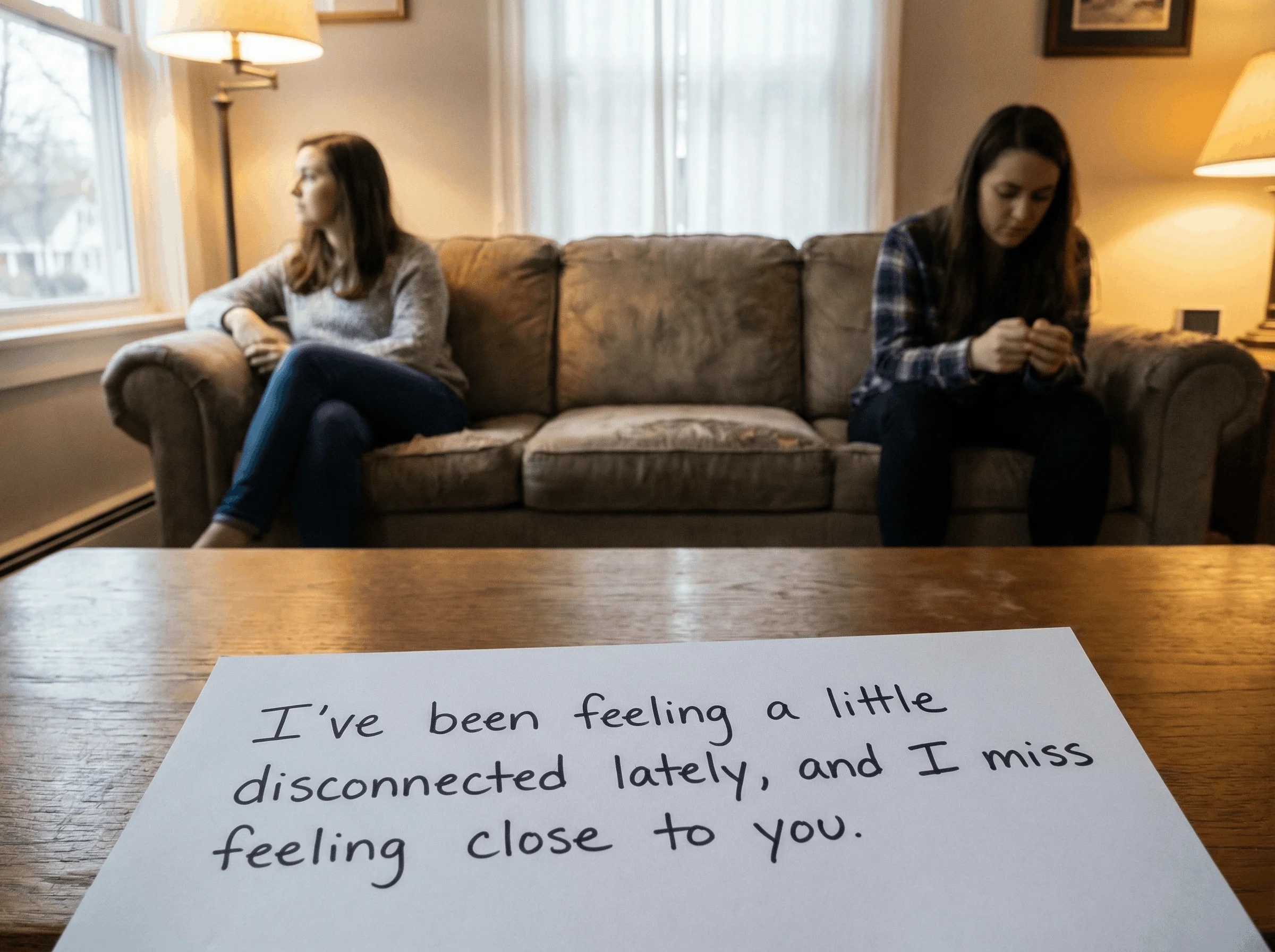 A couple sitting together on a sofa looking emotionally distant, with text expressing feeling disconnected and missing emotional closeness in a loving relationship.