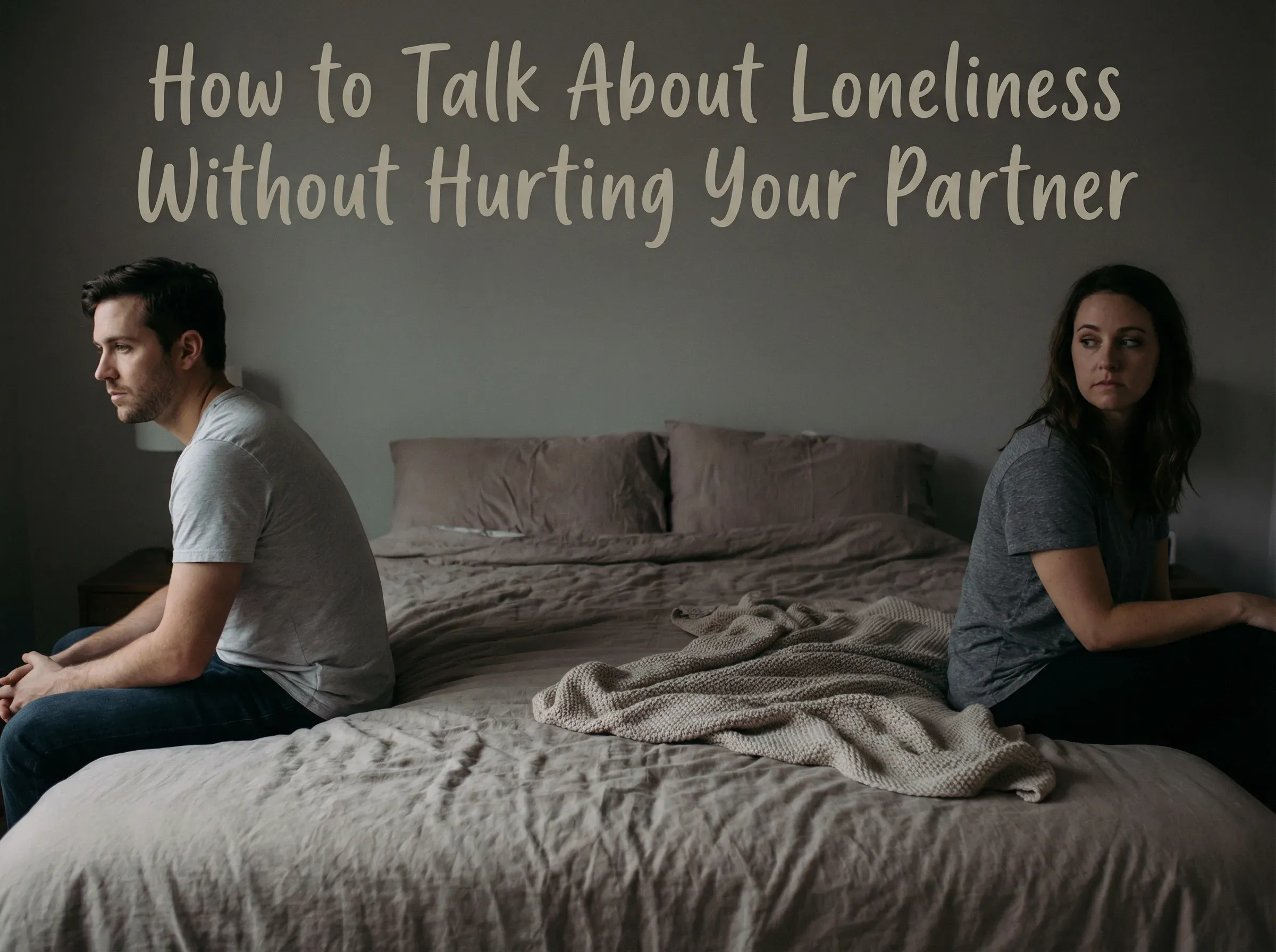 A couple sitting together on a sofa looking emotionally distant, with text expressing feeling disconnected and missing emotional closeness in a loving relationship.