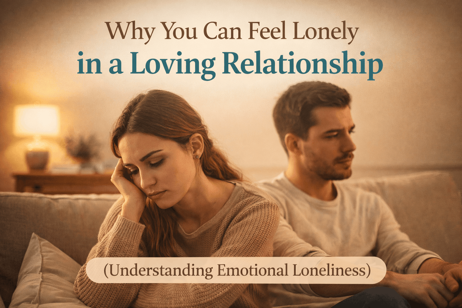 A couple sitting together on a sofa looking emotionally distant, with text expressing feeling disconnected and missing emotional closeness in a loving relationship.